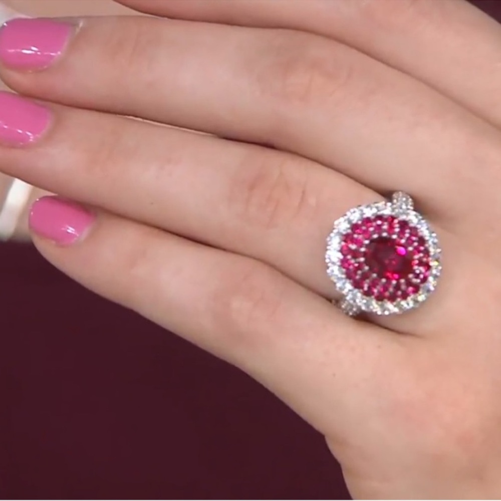 Tova Simulated Ruby Ring Halo Diamonique Size 7 Cocktail Statement Ring July
